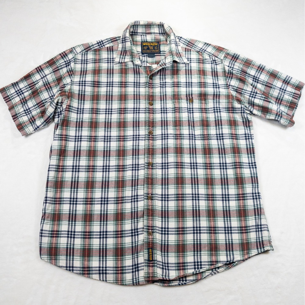 Woolrich Plaid Shirt Men L Green Red Short Sleeve Button Up Outdoor Preppy